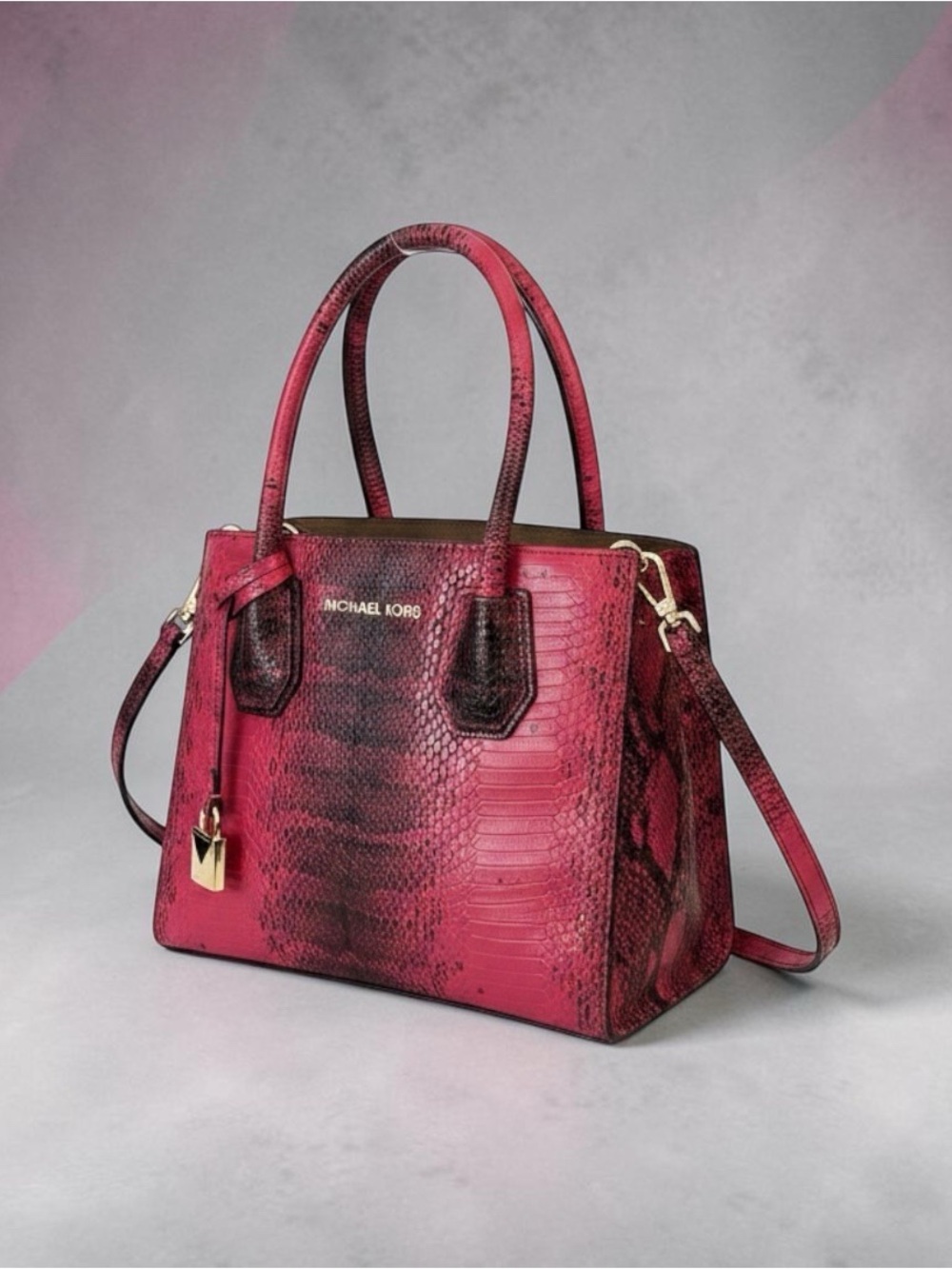 Michael Kors Mercer Medium Crossbody Messenger Satchel Ultra Pink Python Snake